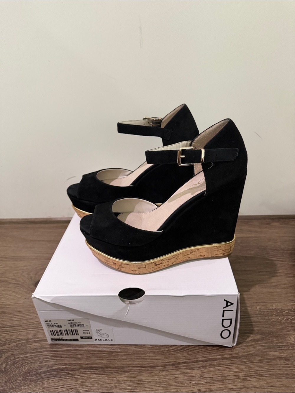 ALDO Black Suede Cork-Platform Ankle Strap Sandals